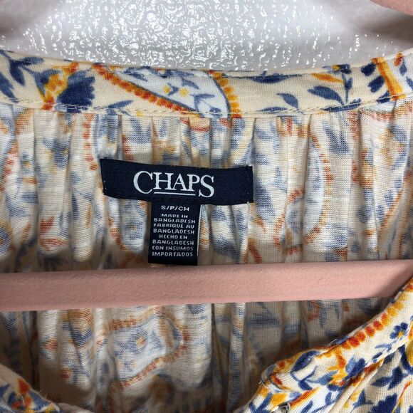 Chaps Semisheer Blouse Yellow Multicolor Short Sleeve Women Size S Lace Up - Picture 3 of 7